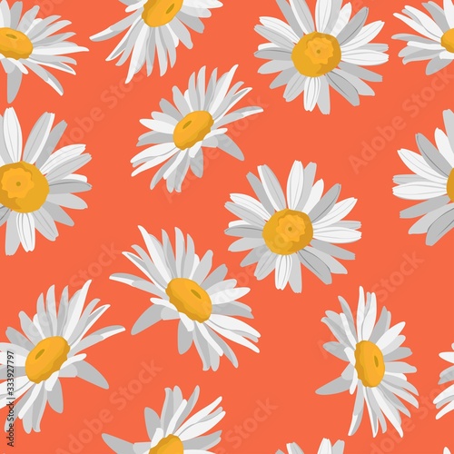 Chamomile Daisy Wildflower motif Background. Seamless Pattern on Orange. Hand Drawn Textile. Spring and Summer Meadow Repeat Illustration. 