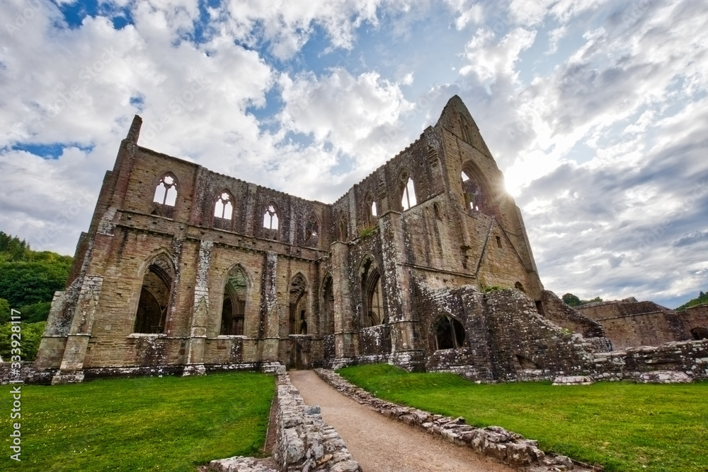 The ruins of Tintern Abbey, founded by Walter de Clare, Lord of Chepstow, on 9 May 1131. It is situated adjacent to the village of Tintern in Monmouthshire, Wales, UK.