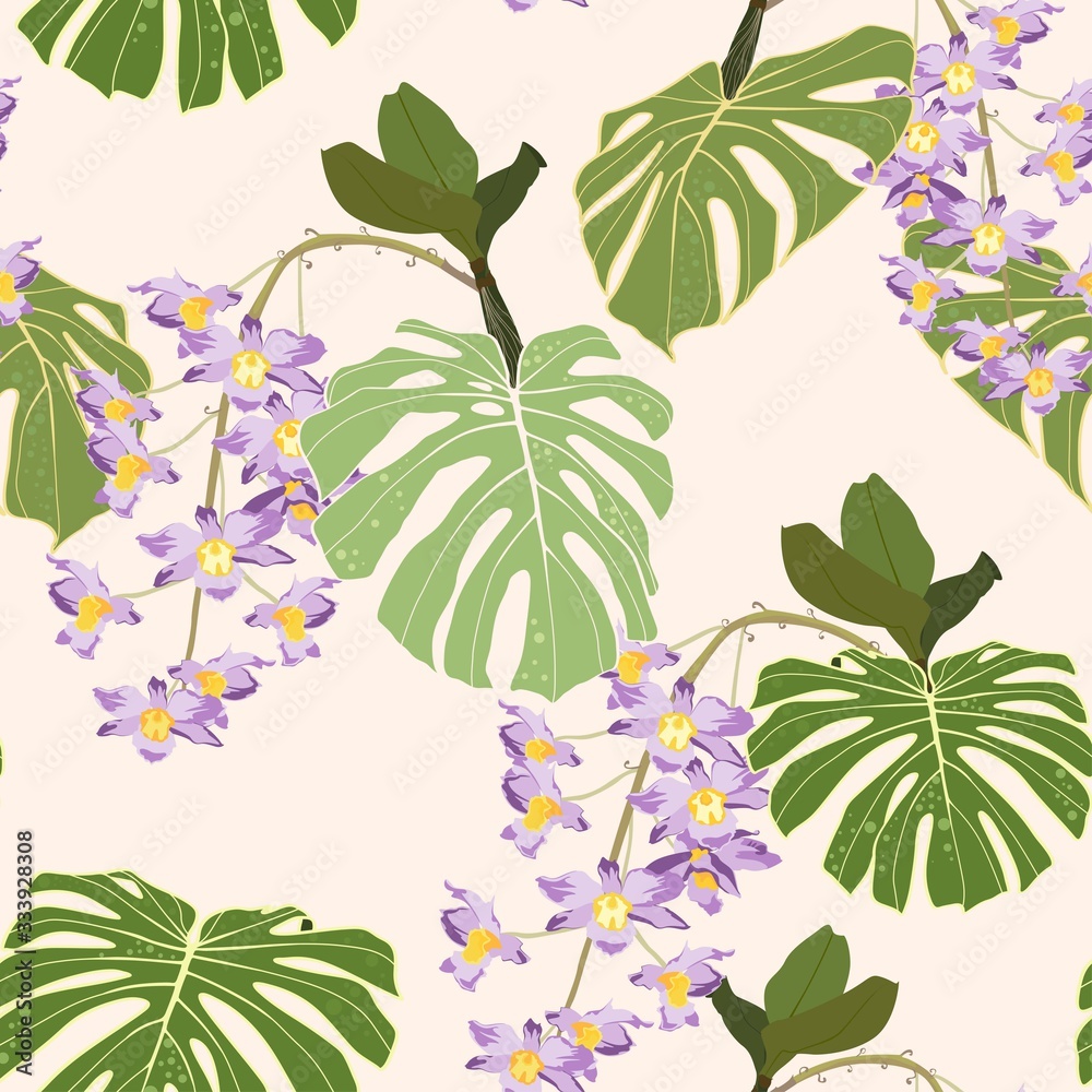 Seamless bright artistic tropical pattern with palm leaves, philodendron leaf, monstera, violet orchid flower. Modern colorful background.