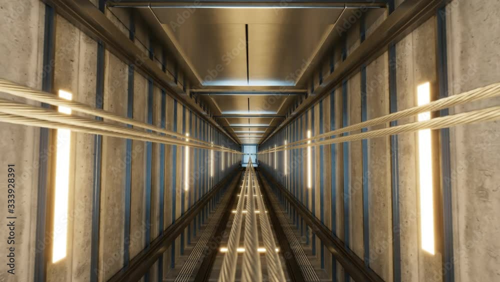 Elevator cabin in a shaft with bare concrete walls and moving cables. 4KHD Elevator cabin in a shaft with bare concrete walls and moving cables. 4KHD