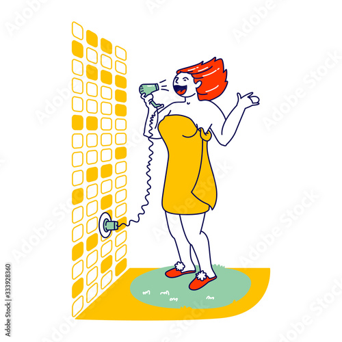 Female Character Wrapped to Towel Singing in Bathroom in Hair Dryer. Funny Girl Having Fun after Shower Performing with Fan. Woman Singer Training in Bath Fooling and Relax. Linear Vector Illustration
