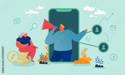 Referral Program Concept. Characters Invite Friends, Earn Prize and Discount. Woman Sitting on Money Pile Listen to Man with Megaphone on Huge Mobile Phone Screen. Cartoon People Vector Illustration
