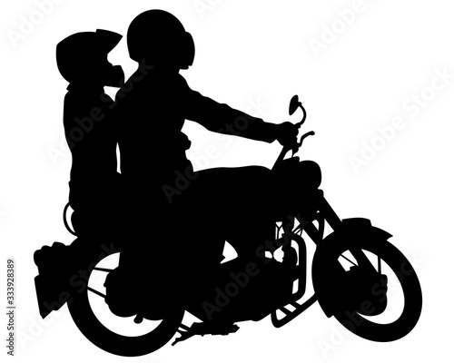 Man in protective clothing rides a retro bike. Isolated silhouette on a white background