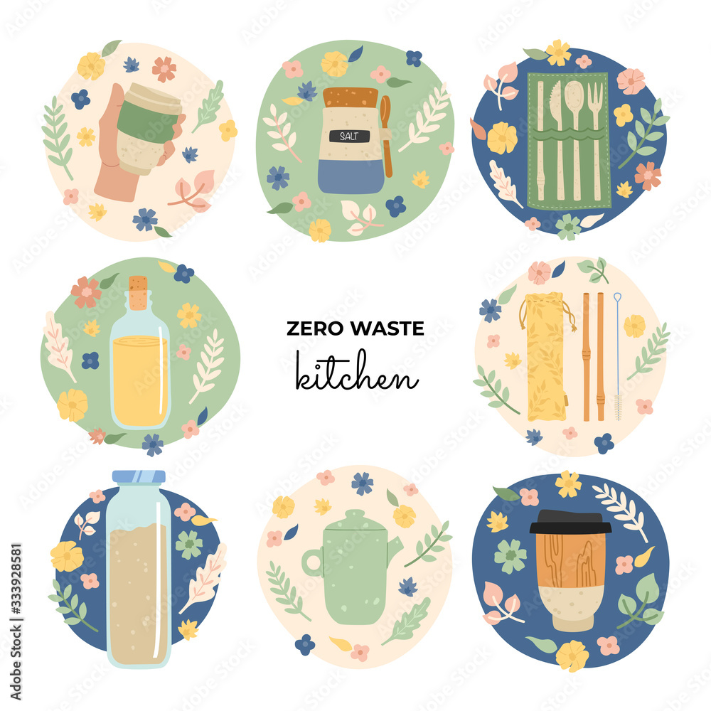 Set of hand drawing eco objects for kitchen, dishes, jars, a thermal cup, a ceramic teapot, bamboo straws, a set of cutlery. Zero waste, go green. Vector illustration. 