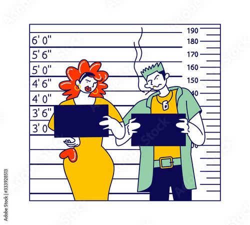 Criminal Characters Mug Shot in Police Station. Ginger Prostitute with Smoking Drug Dealer Stand at Height Scale Holding Blank Placards in Hands. Arrested People in Prison. Linear Vector Illustration photo