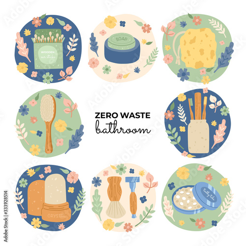 Zero waste, bathroom. Personal hygiene eco items, less plastic, use recycble. Wooden ear sticks, crystal deodorant, soap, cosmetic, cotton, texture, toothbrush, comb, eco washcloth. 