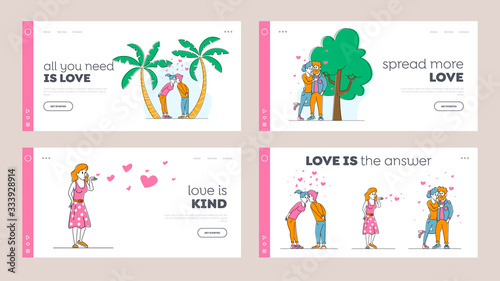 People Kissing and Hugging Landing Page Template Set. Male and Female Characters Flirting and Express Feelings and Attraction to Each Other. Resort Romance, Relaxing Time. Linear Vector Illustration