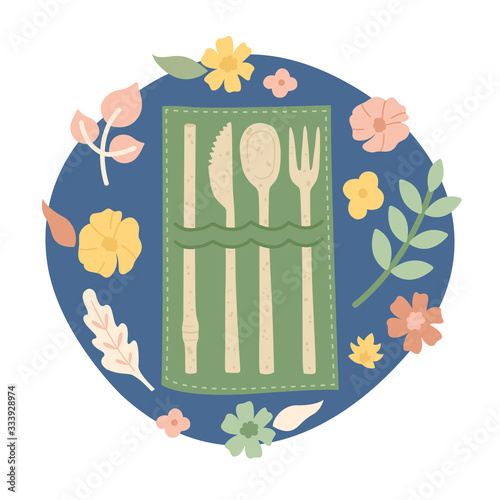 Ceramic cutlery, in fabric cover. straw, knife, spoon and fork. Zero waste, go green, no plastic. Vector illustration. 