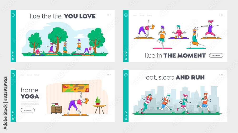 Healthy Lifestyle, Outdoor and Indoor Workout Training Landing Page Template Set. Young People Doing Yoga Exercises, Run Marathon and Stretching at Home and in City Park. Linear Vector Illustration