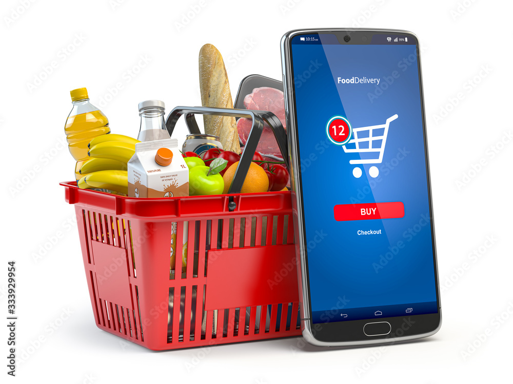 Shopping basket with fresh food isolated on white. Grocery