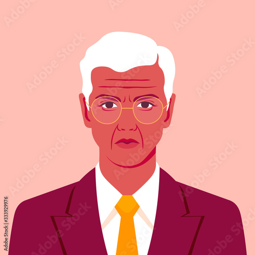 Portrait of an old businessman in a suit with a tie. Avatar of a sad man. Vector illustration in flat style