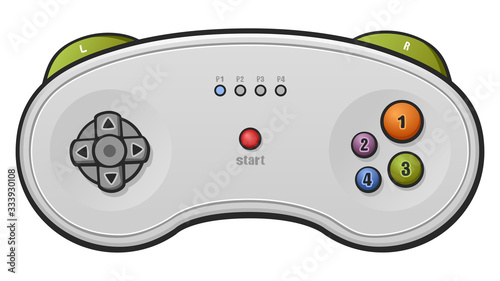 Vector cartoon drawing of a retro gaming controller with colorful buttons and soft shapes. Can represent 80s technology, multiplayer gaming, oldschool consoles, wireless gamepads, leisure and more.