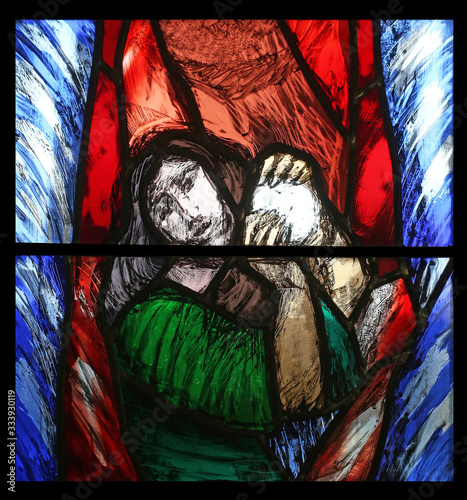 Miriam, Crossing the Red Sea, detail of stained glass window by Sieger Koder in Saint James church in Sontbergen, Germany