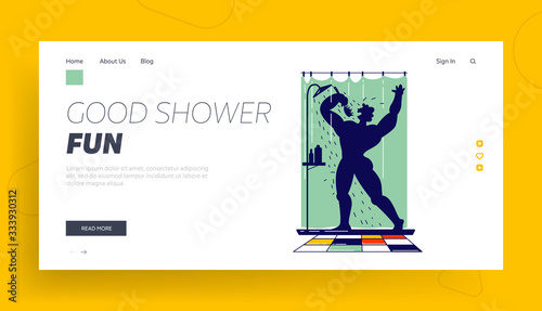 Man Singing Song in Shower Holding Brush like Microphone Landing Page Template. Naked Happy Male Character Bathing and Dancing while Washing in Bathroom Like Super Star. Linear Vector Illustration