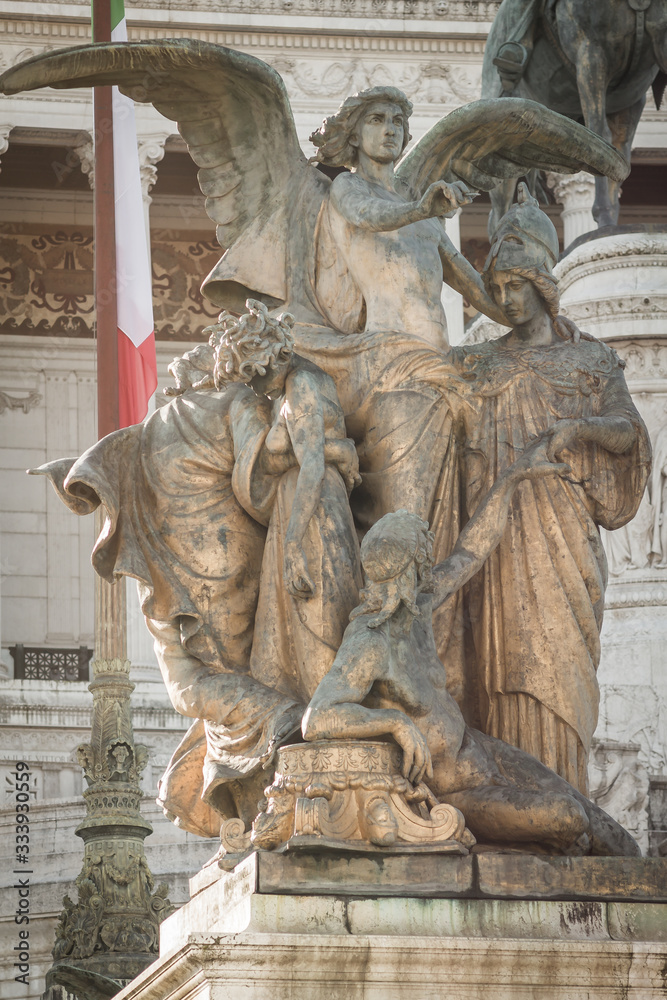 Rome. Venice square in Rome, Piazza Venezia. The Vittoriano. The sculptures decorating the Palace.