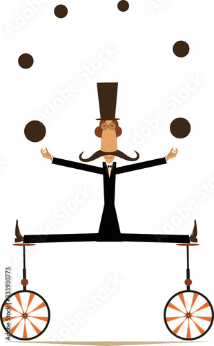 Equilibrist mustache man on two unicycles juggles the balls illustration.  Funny long mustache man in the top hat balances on two unicycles and juggles the balls isolated on white illustration