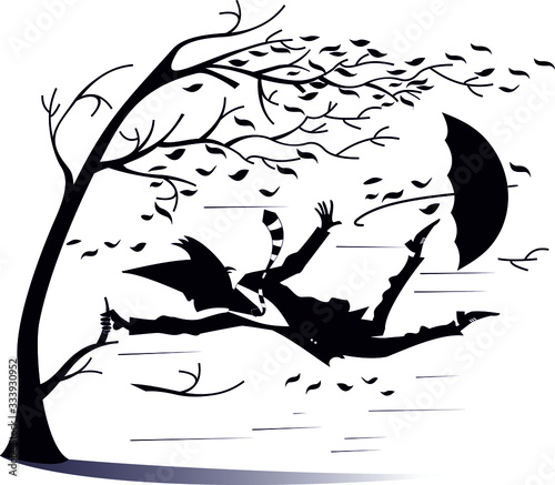 Strong wind and man snatches up a tree using an umbrella illustration. Strong wind, flying leaves and man lost an umbrella to keep his life snatching a tree black on white silhouette