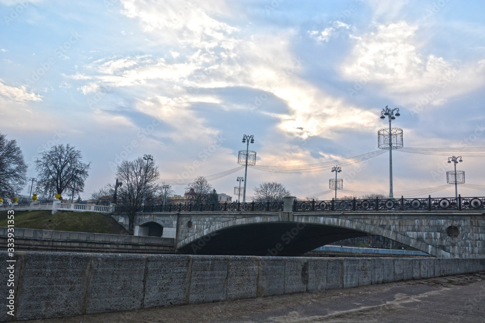 automobile bridge over the Svisloch River, a monument of architecture (history), 1952 building, Minsk, Belarus automobile bridge over the Svisloch River, a monument of architecture (history), 1952 building, Minsk, Belarus