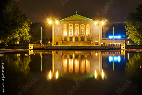Facade of a Opera House in Poznan at night..