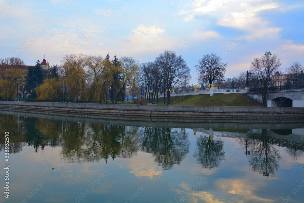 Minsk,Belarus - 29/03/2020: springtime in centre of Minsk in Gorky Park with river Svisloch