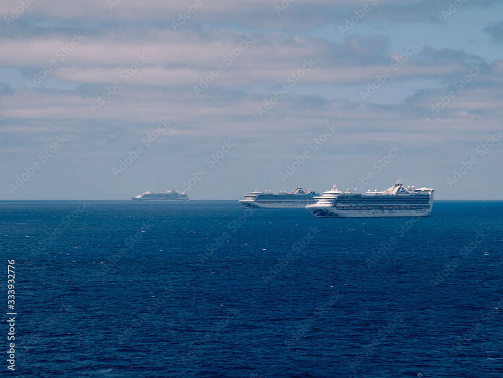 Bimini, Bahamas - March 28, 2020: cruise ships on quarantine COVID-19 at the ocean at sunny weather