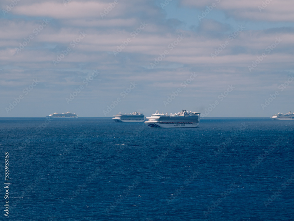 Bimini, Bahamas - March 28, 2020: cruise ships on quarantine COVID-19 at the ocean at sunny weather