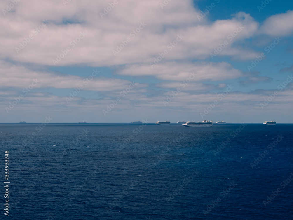 Bimini, Bahamas - March 28, 2020: cruise ships on quarantine COVID-19 at the ocean at sunny weather