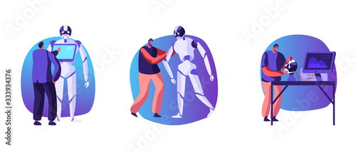 Set Scientists Characters Create Cyborgs in Laboratory. Robot Creating Process. Hardware and Software Robotics, Engineer Develop Artificial Intelligence Technology. Cartoon People Vector Illustration