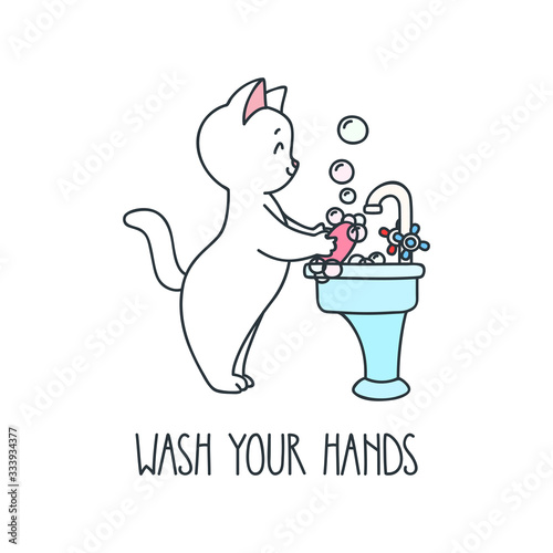 Wash Your Hands. Illustration of a happy cat washing his paws with a soap. Vector 8 EPS.