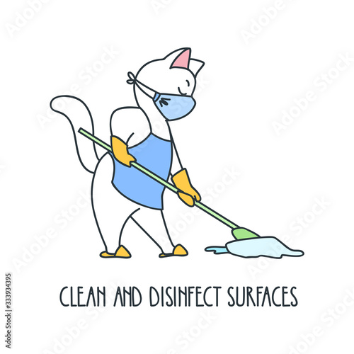  Clean and Disinfect Surfaces. Illustration of a white cat moping the floor. Virus prevention. Vector 8 EPS.