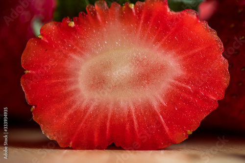 Macro shot of the inside of a freshly picked strawberry