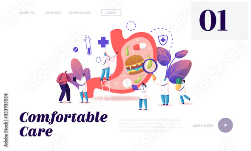 Gastroenterology Landing Page Template. Stomachache and Helicobacter Disease. Patient Touch Painful Belly at Doctor Appointment. Medic Characters Study Huge Stomach. Cartoon People Vector Illustration