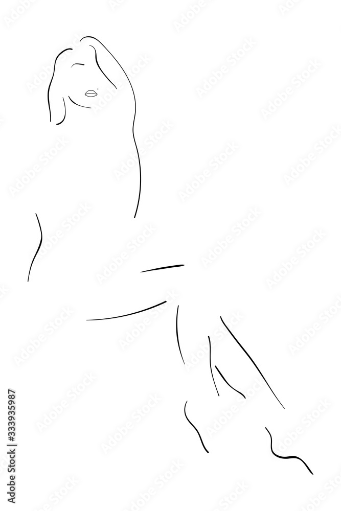Line art. Sensual female figure outline. Black and white silhouette of attractive girl isolated on the white background. Vector EPS10 illustration.