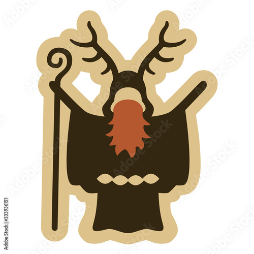 Vector drawing of a bearded Celtic druid with antlers holding a staff. Can represent Gaul, pagan rituals, mysticism, ancient times, magic, sorcery, a wizard, a priest, mythology, legends, etc.