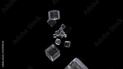 Pieces of ice flying towards, 3D animation on white and black background. Version with transparent background and alpha channel mask.