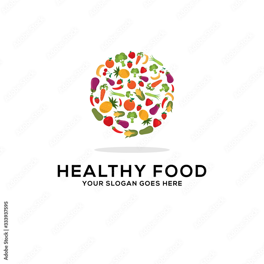Healthy food logo design vector, fresh fruits and vegetables drawing circle abstract illustration