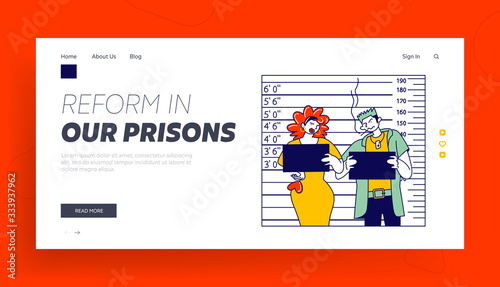 Criminal Characters Mug Shot in Police Station Landing Page Template. Prostitute with Drug Dealer at Height Scale Holding Blank Placards. Arrested People in Prison. Linear People Vector Illustration