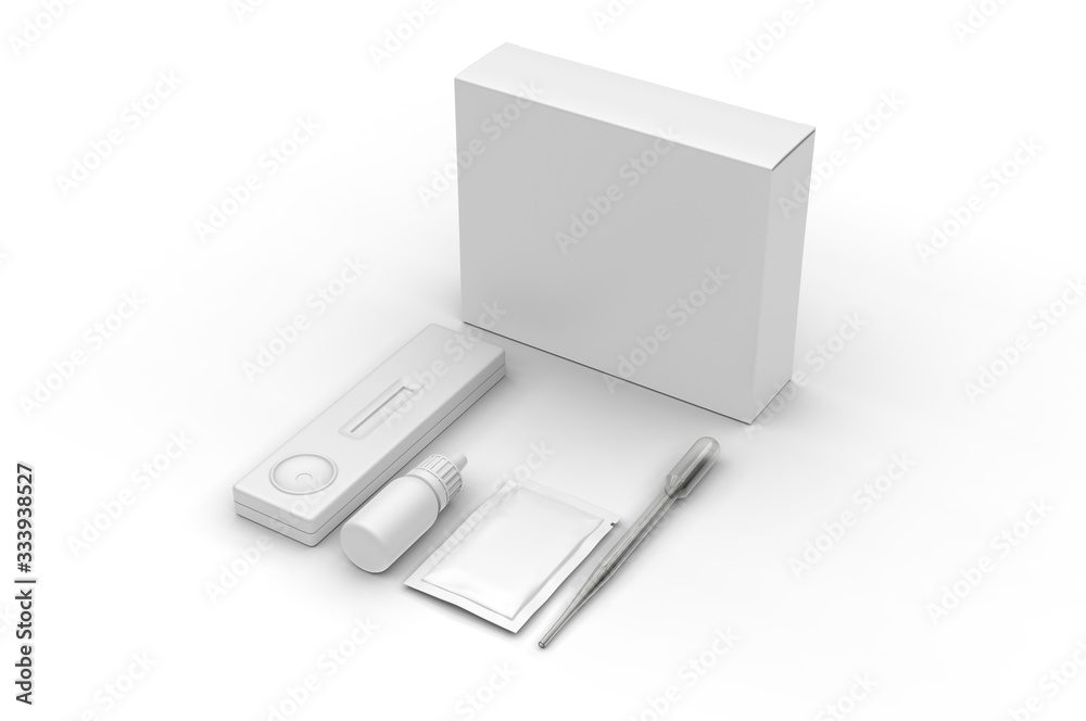 Blank rapid home self test kit packaging for branding, 3d render illustration. Blank rapid home self test kit packaging for branding, 3d render illustration.