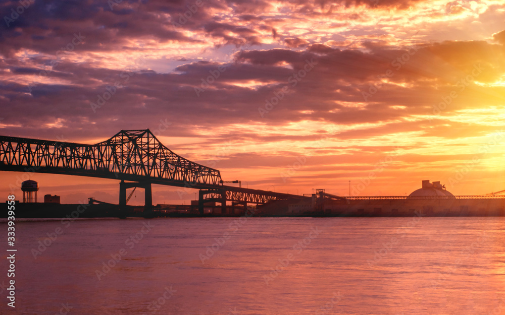 Horace Wilkinson Bridge at Baton Rouge under sunset	