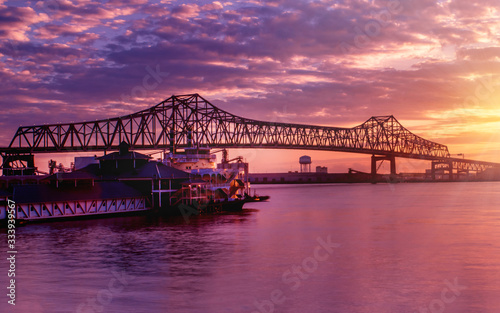 Horace Wilkinson Bridge at Baton Rouge under sunset	 photo
