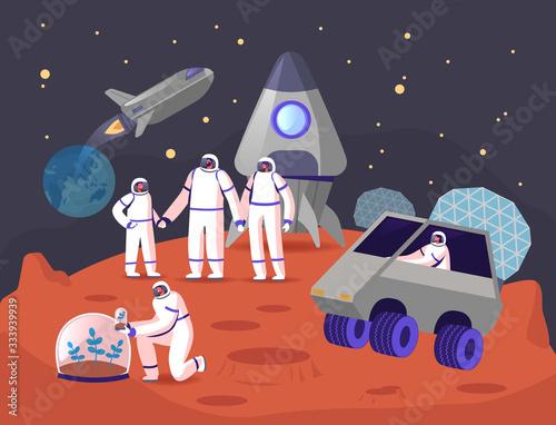 Mars Colonization Concept. Astronauts Family Characters on Red Planet Surface. Father Mother and Child in Space Suits near Rocket, Planting Sprout Under Glass Dome. Cartoon People Vector Illustration
