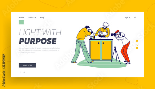 Photographers Make Picture of Food Landing Page Template. Chief Character Decorating Salad with Fresh Herbs, People on Kitchen Making Photos for Magazine or Internet. Linear People Vector Illustration
