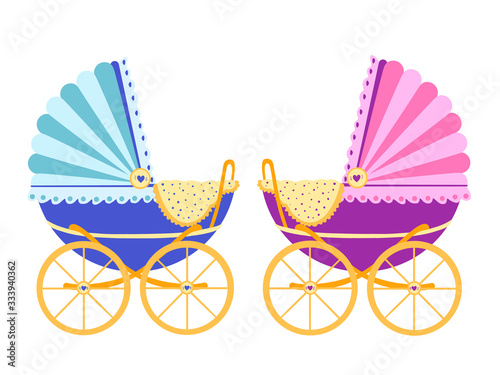 Baby arrival announcement card / Twin baby girl & boy shower card / baby card. Vector pram . Flat illustration. Boy or girl.