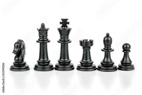 black chess pieces isolated on white background. The concept of board games, logic, training for the brain.