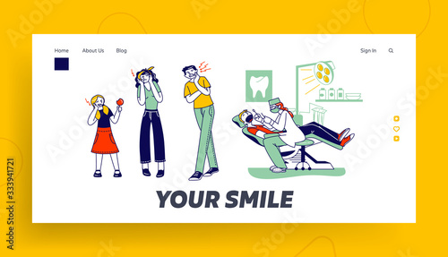 Toothache Landing Page Template. Characters Feel Pain Holding Cheek Suffer from Bad Tooth Ache with Painful Expression. Doctor Dentist Conduct Client Oral Check Up. Linear People Vector Illustration