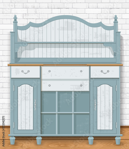 empty ornate vintage cupboard against white brick wall for your