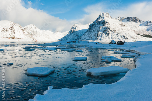 Winter landscape of dramatic mountain scenery of Lofoten, Norway