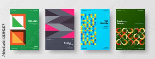 Business presentation vector A4 vertical orientation front page mock up set. Corporate report cover abstract geometric illustration design layout bundle. Company identity brochure template collection.