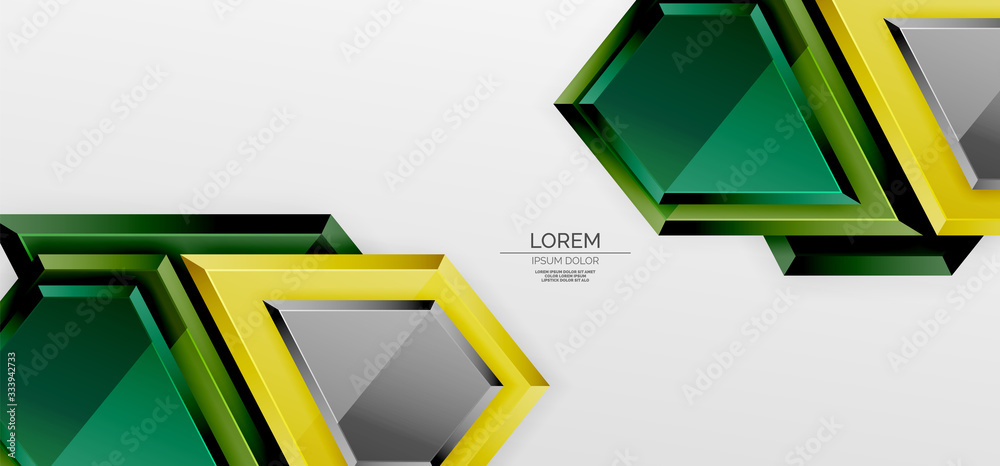 Metal glossy shiny geometric shapes with 3d effect composition. Techno futuristic vector abstract background For Wallpaper, Banner, Background, Card, Book Illustration, landing page