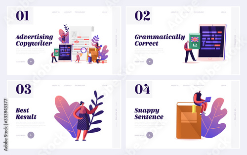 Grammar Test Examination Landing Page Template Set. Characters Highlighting Errors, Students Read and Learn in School or College. Distance Learning Online Education. Cartoon People Vector Illustration